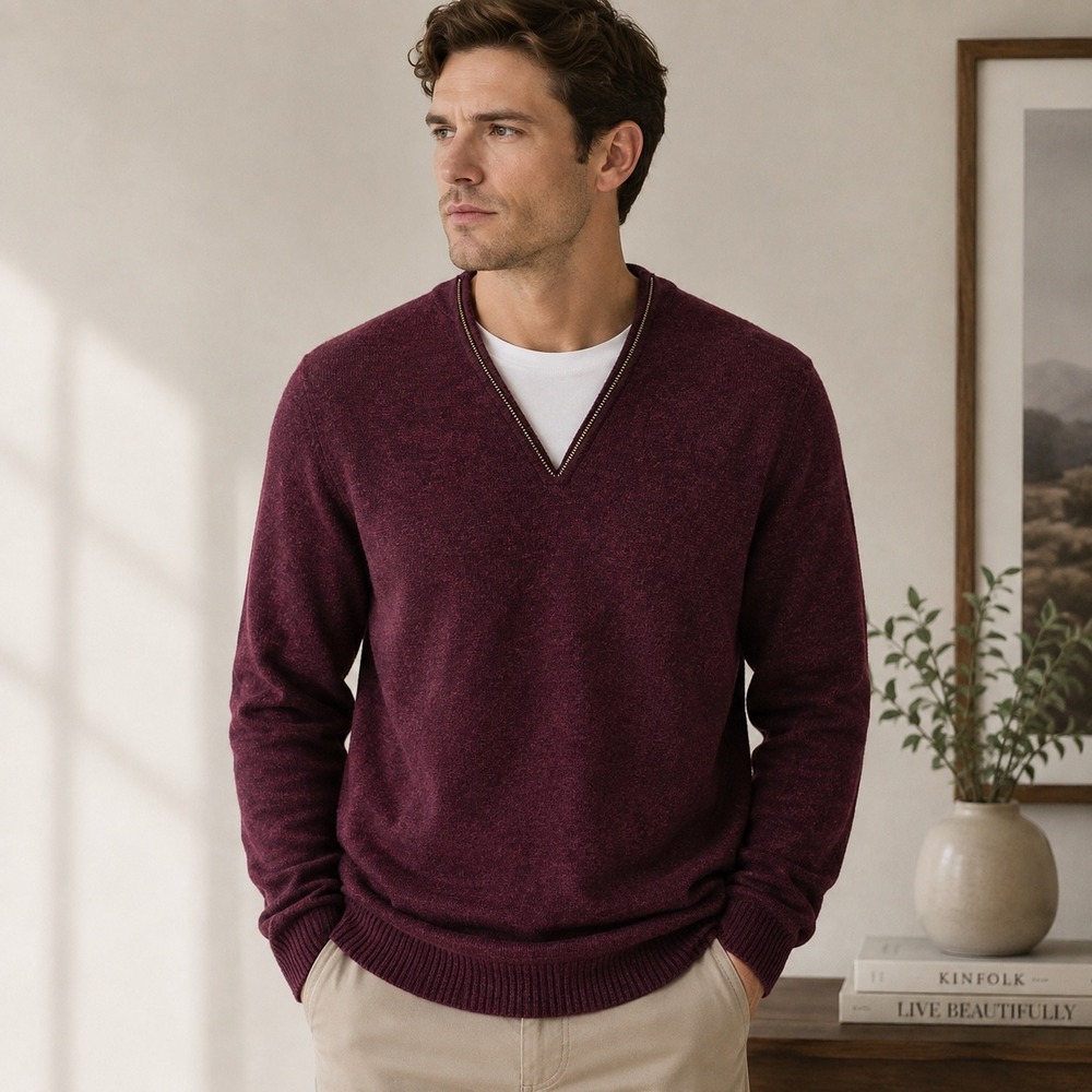 Rodd & Gunn Men's L Merino Wool Cashmere V Neck Sweater Burgundy Zip Detail